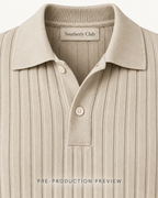 Generated pre-production artwork detail preview of Stone rib knit polo.