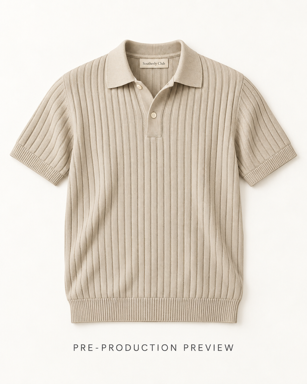 Generated pre-production flat lay preview of Stone rib knit polo.