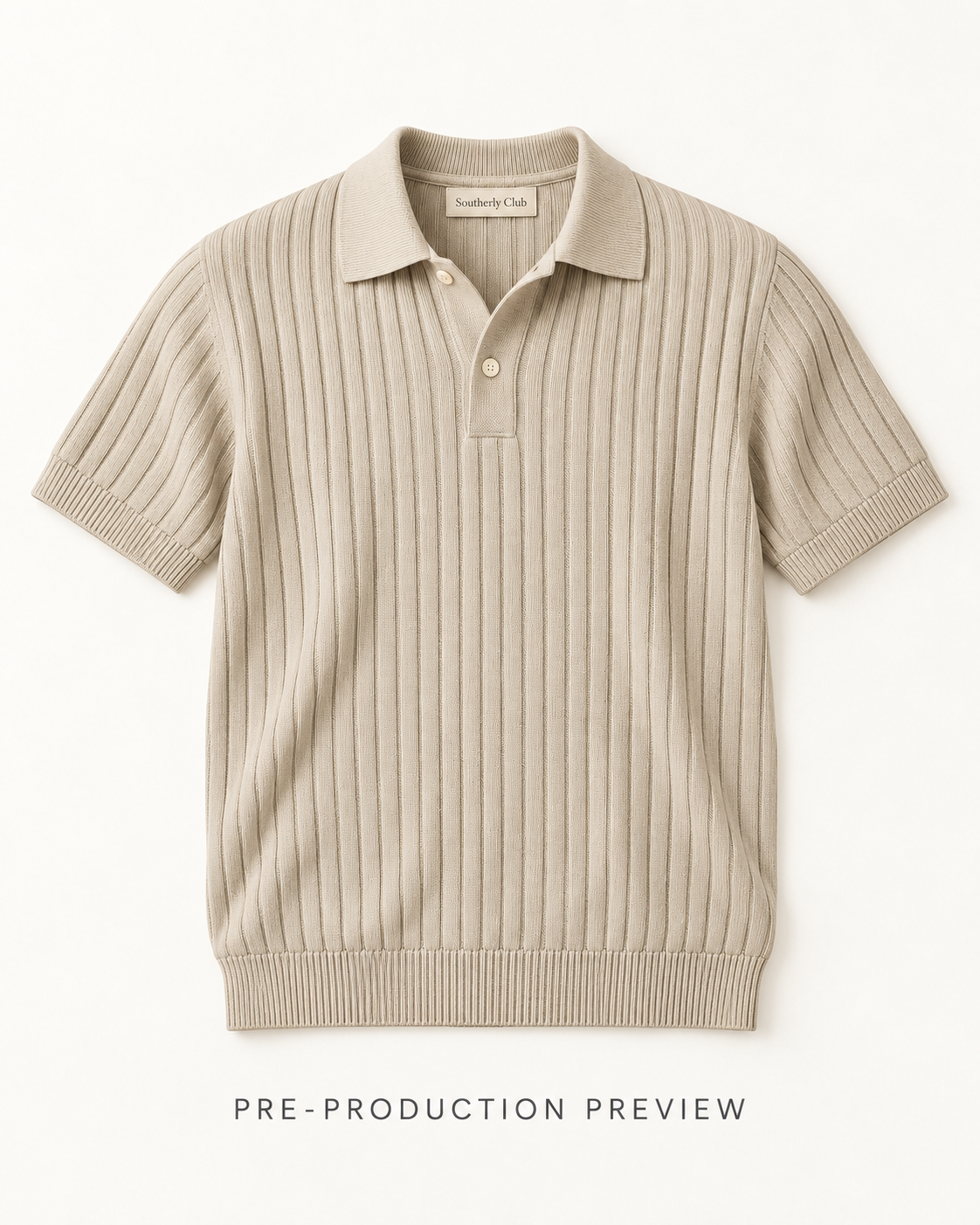 Generated pre-production flat lay preview of Stone rib knit polo.