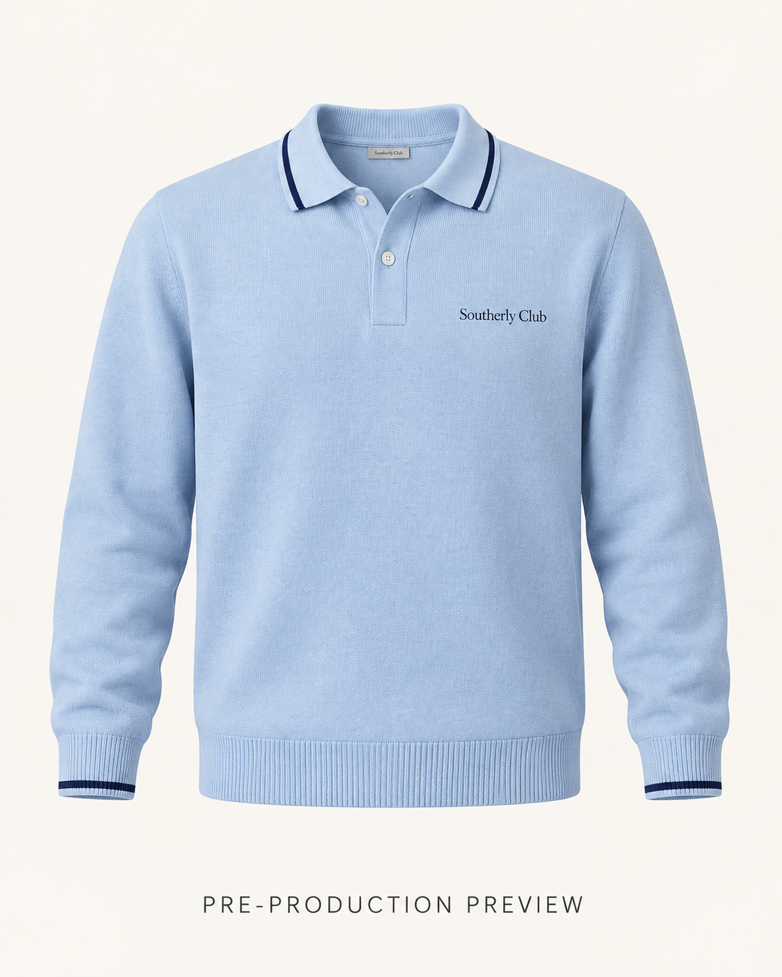 Generated pre-production front preview of Blue long-sleeve polo.