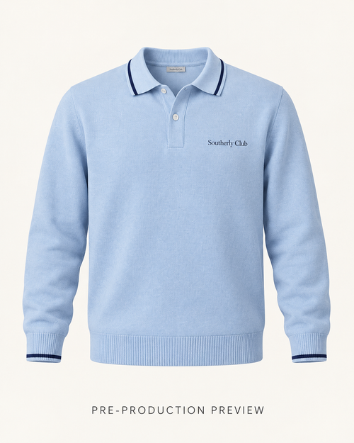 Generated pre-production front preview of Blue long-sleeve polo.