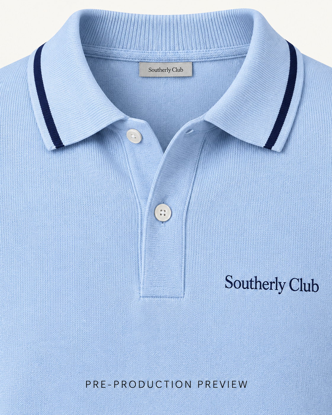 Generated pre-production artwork detail preview of Blue long-sleeve polo.