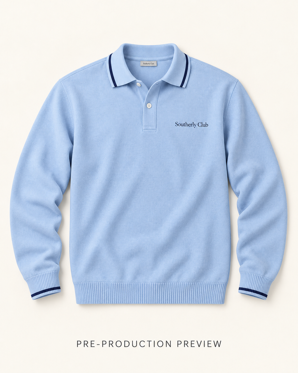 Generated pre-production flat lay preview of Blue long-sleeve polo.