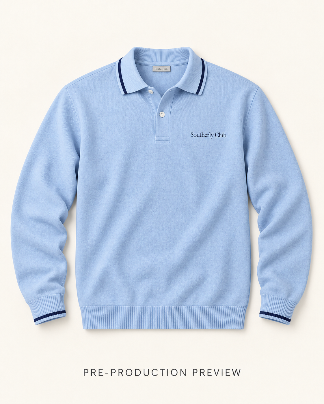 Generated pre-production flat lay preview of Blue long-sleeve polo.