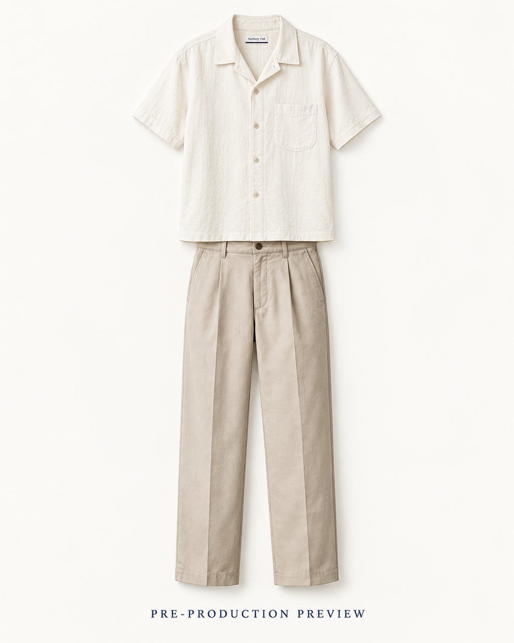 Generated pre-production front preview of Stone pleat trousers.