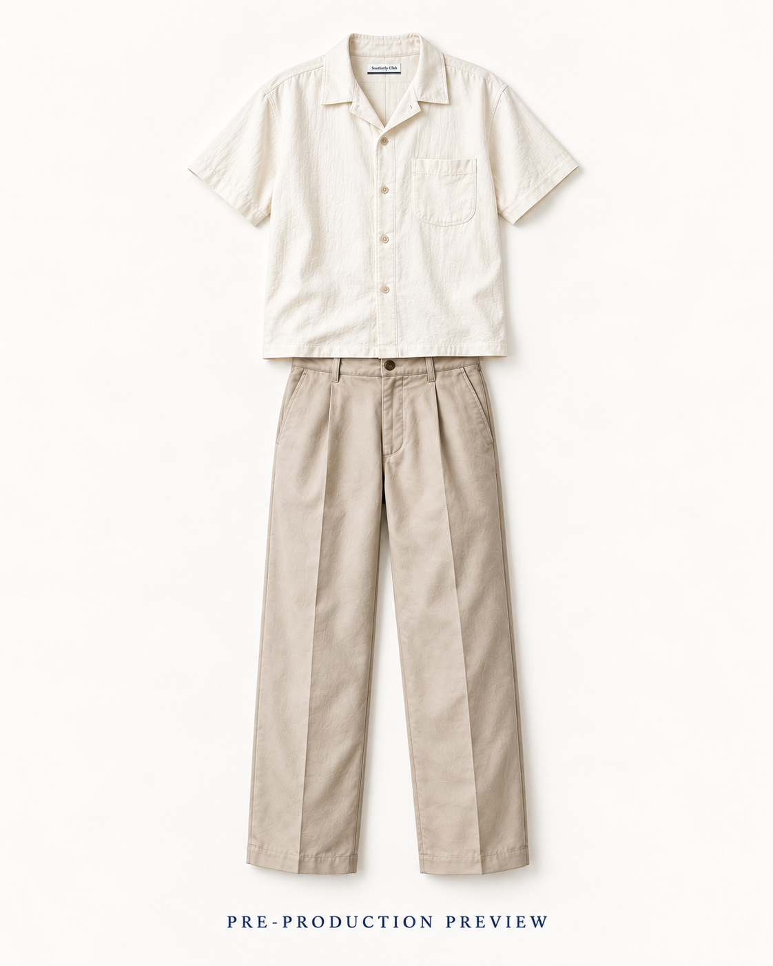 Generated pre-production flat lay preview of Stone pleat trousers.