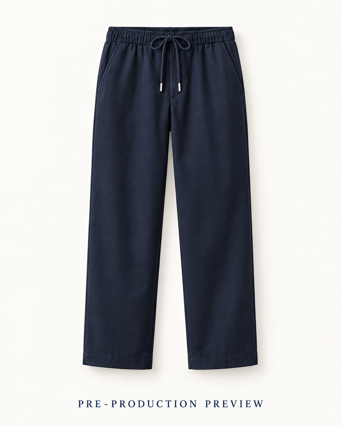 Generated pre-production front preview of Navy drawcord trousers.