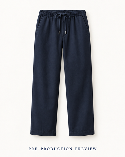 Generated pre-production front preview of Navy drawcord trousers.