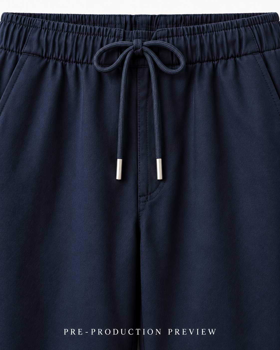 Generated pre-production artwork detail preview of Navy drawcord trousers.