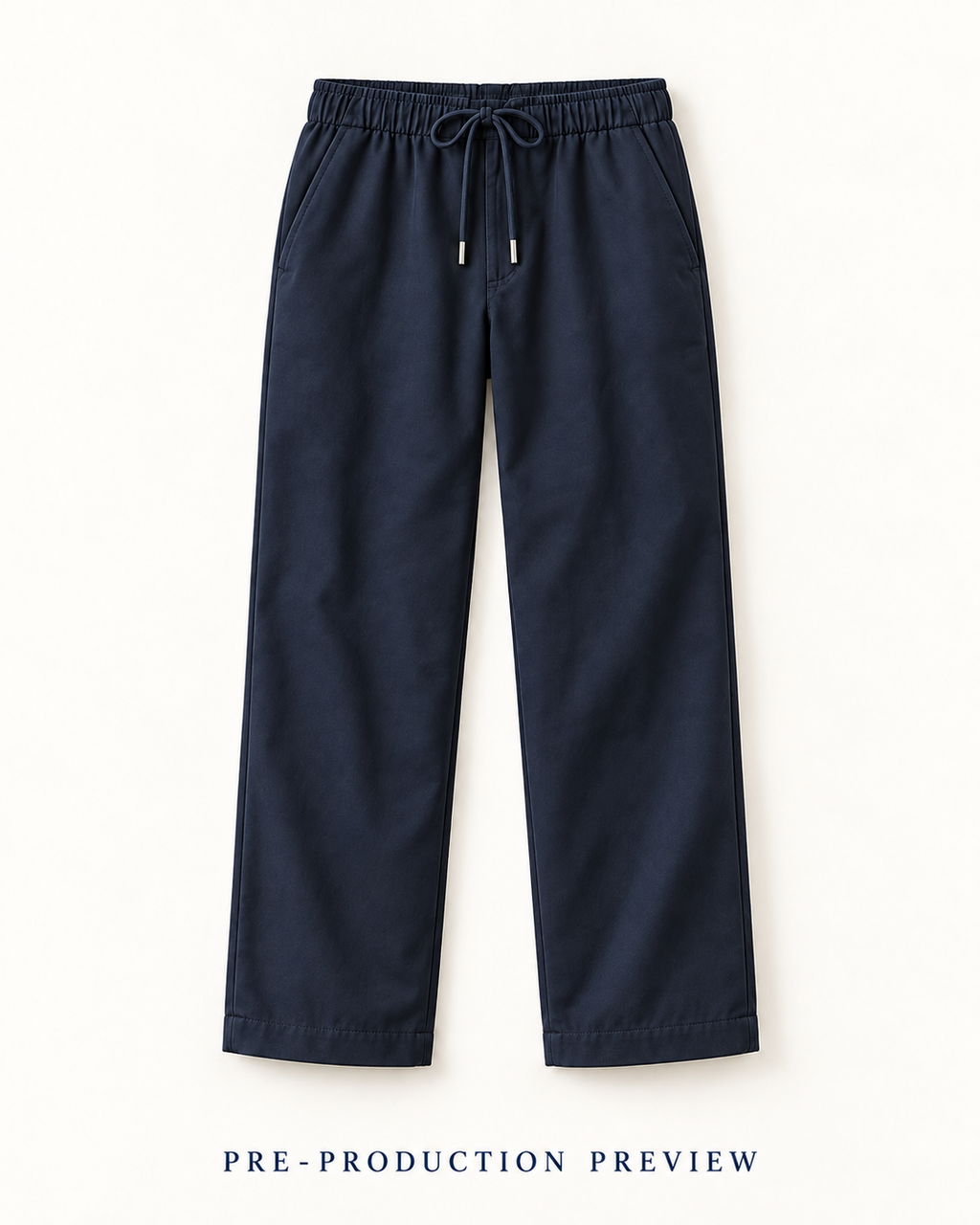 Generated pre-production flat lay preview of Navy drawcord trousers.
