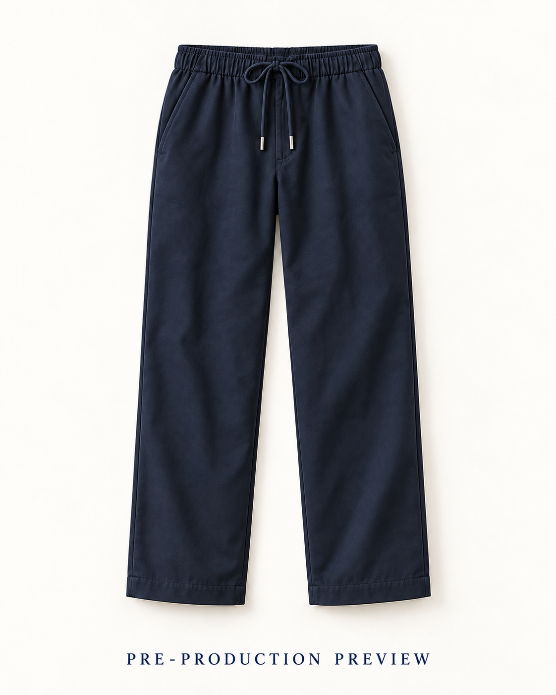 Generated pre-production flat lay preview of Navy drawcord trousers.
