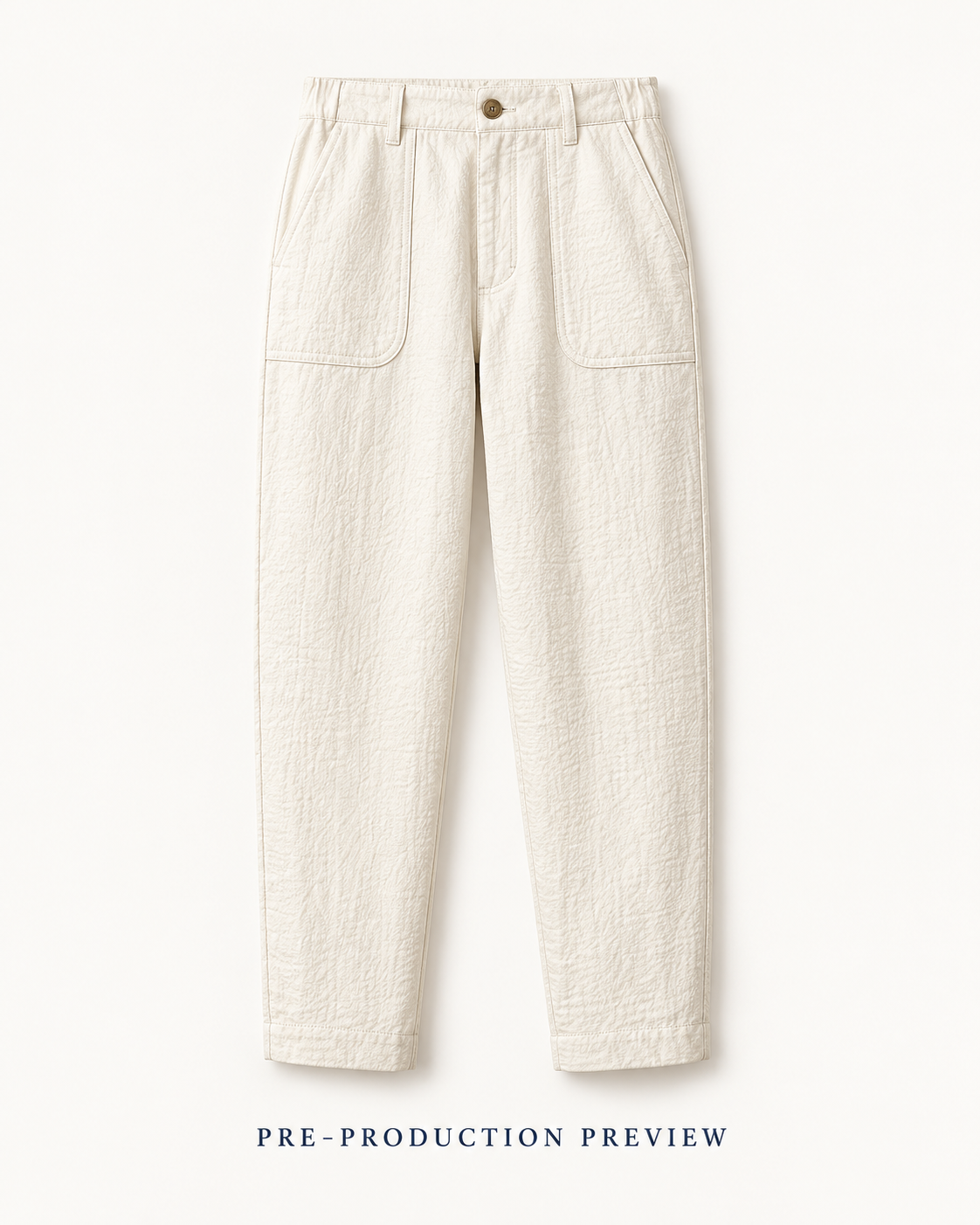 Generated pre-production front preview of Chalk patch-pocket trousers.