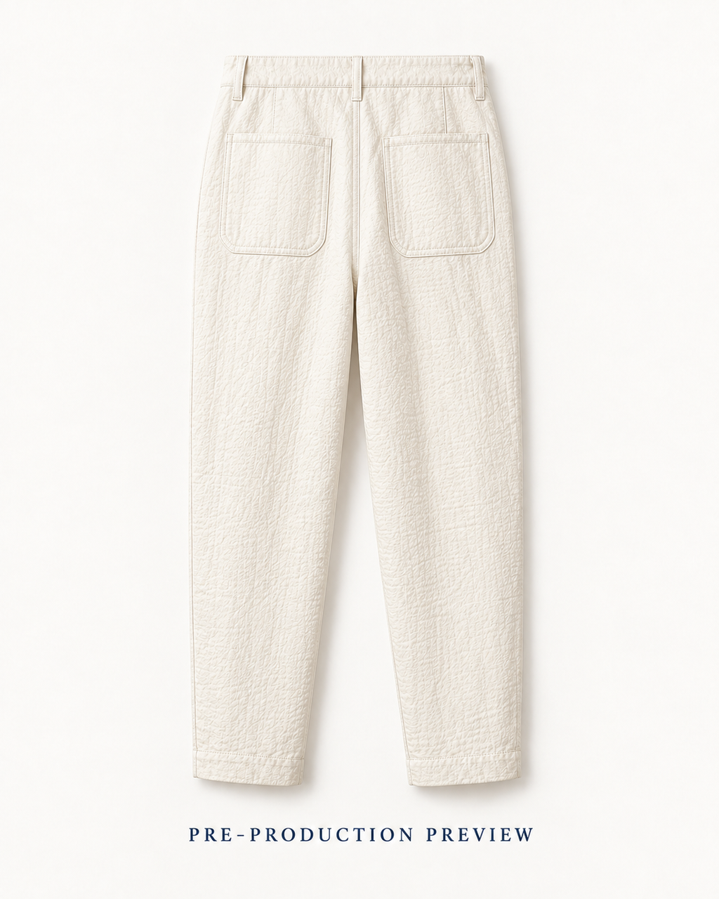 Generated pre-production back preview of Chalk patch-pocket trousers.