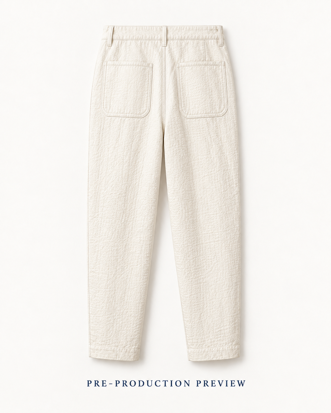 Generated pre-production back preview of Chalk patch-pocket trousers.