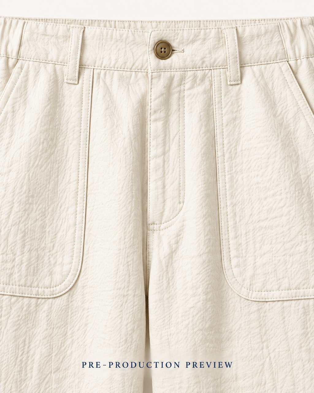 Generated pre-production artwork detail preview of Chalk patch-pocket trousers.