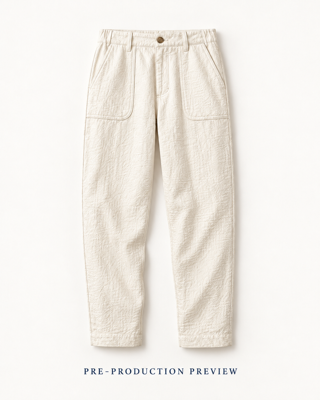 Generated pre-production flat lay preview of Chalk patch-pocket trousers.