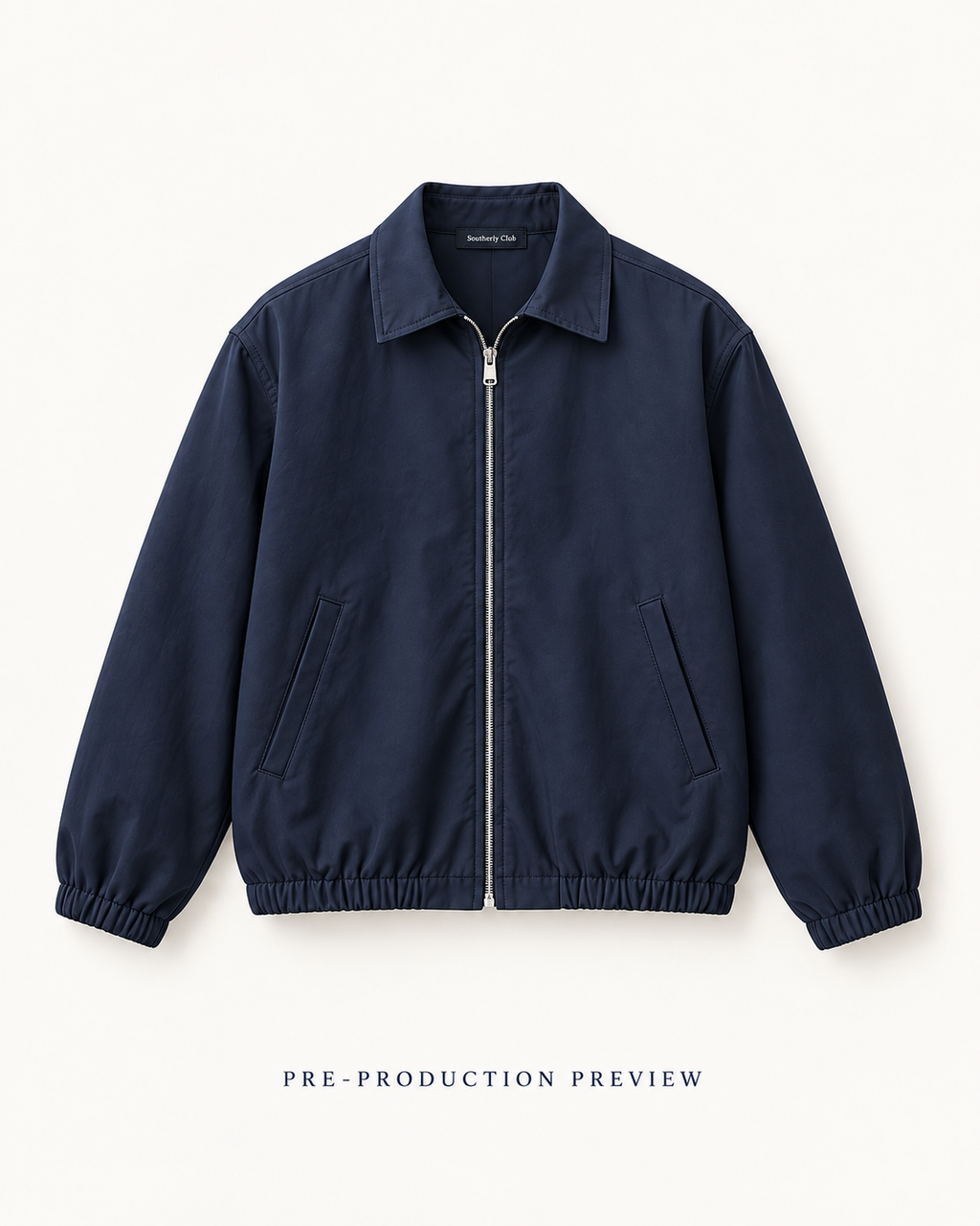 Generated pre-production front preview of Navy zip blouson.