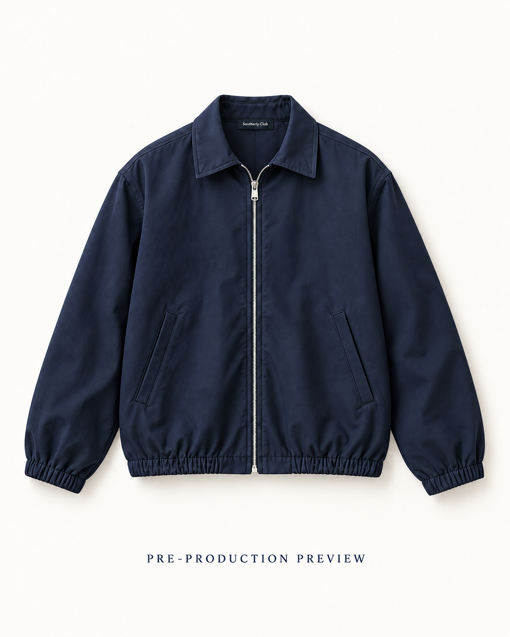 Generated pre-production flat lay preview of Navy zip blouson.