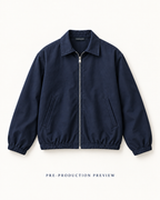 Generated pre-production flat lay preview of Navy zip blouson.