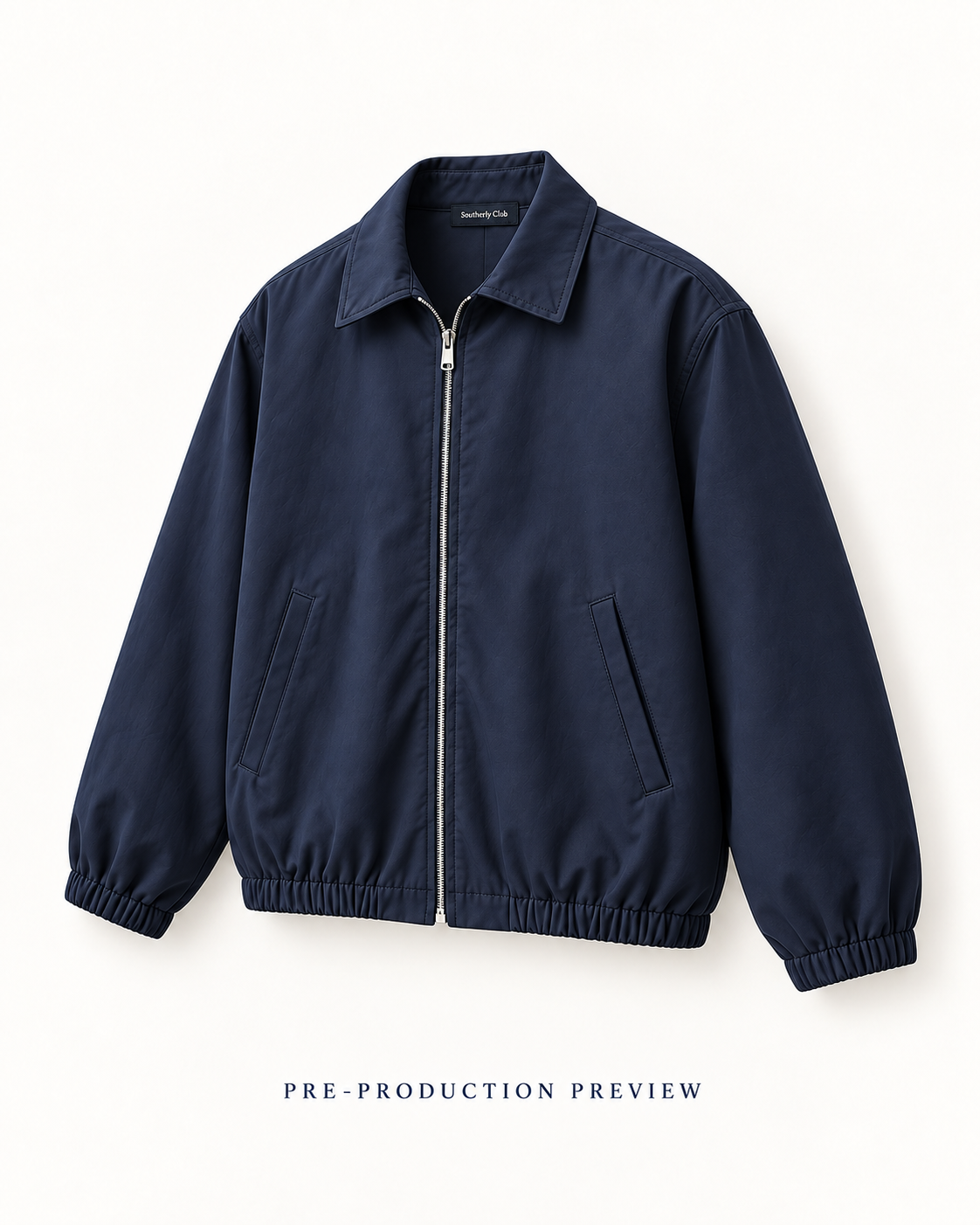 Generated pre-production three quarter preview of Navy zip blouson.