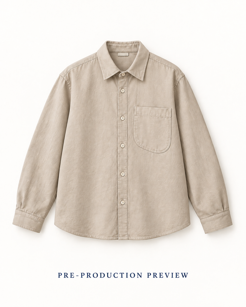 Generated pre-production flat lay preview of Stone pocket overshirt.