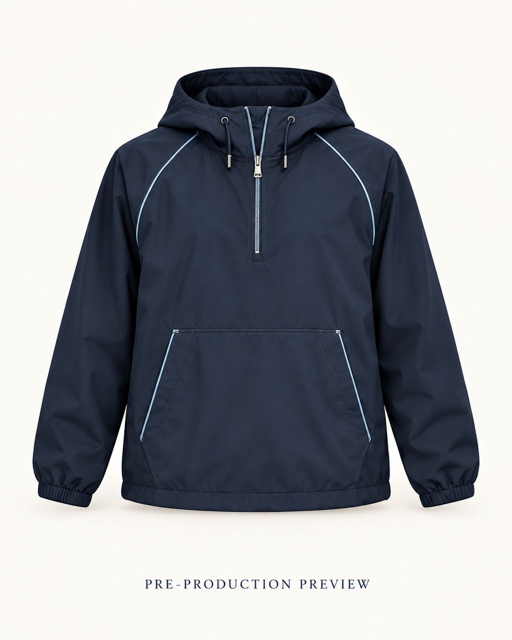 Generated pre-production front preview of Navy hooded wind layer.