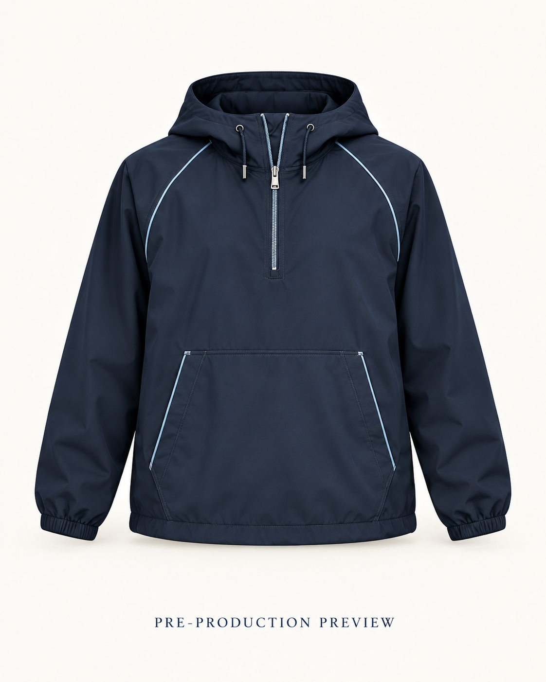 Generated pre-production front preview of Navy hooded wind layer.