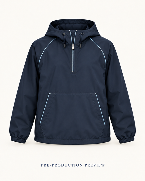 Generated pre-production front preview of Navy hooded wind layer.