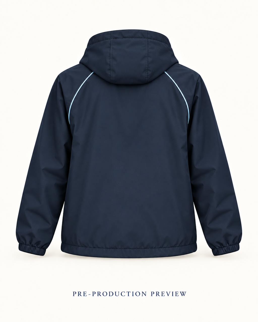 Generated pre-production back preview of Navy hooded wind layer.