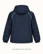 Generated pre-production back preview of Navy hooded wind layer.