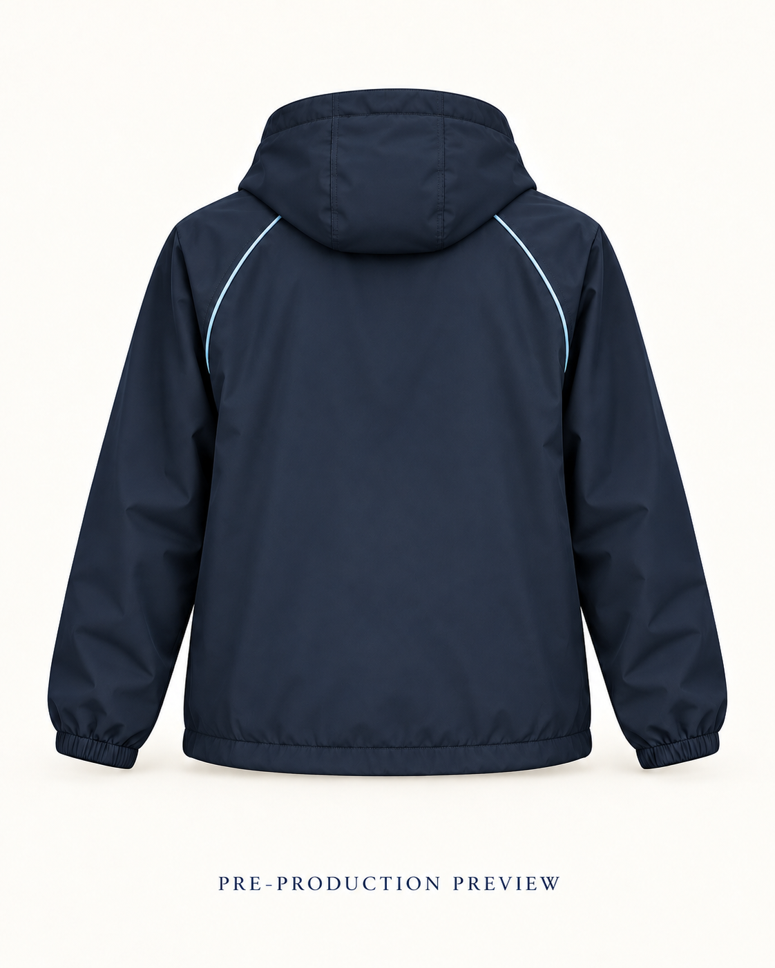 Generated pre-production back preview of Navy hooded wind layer.
