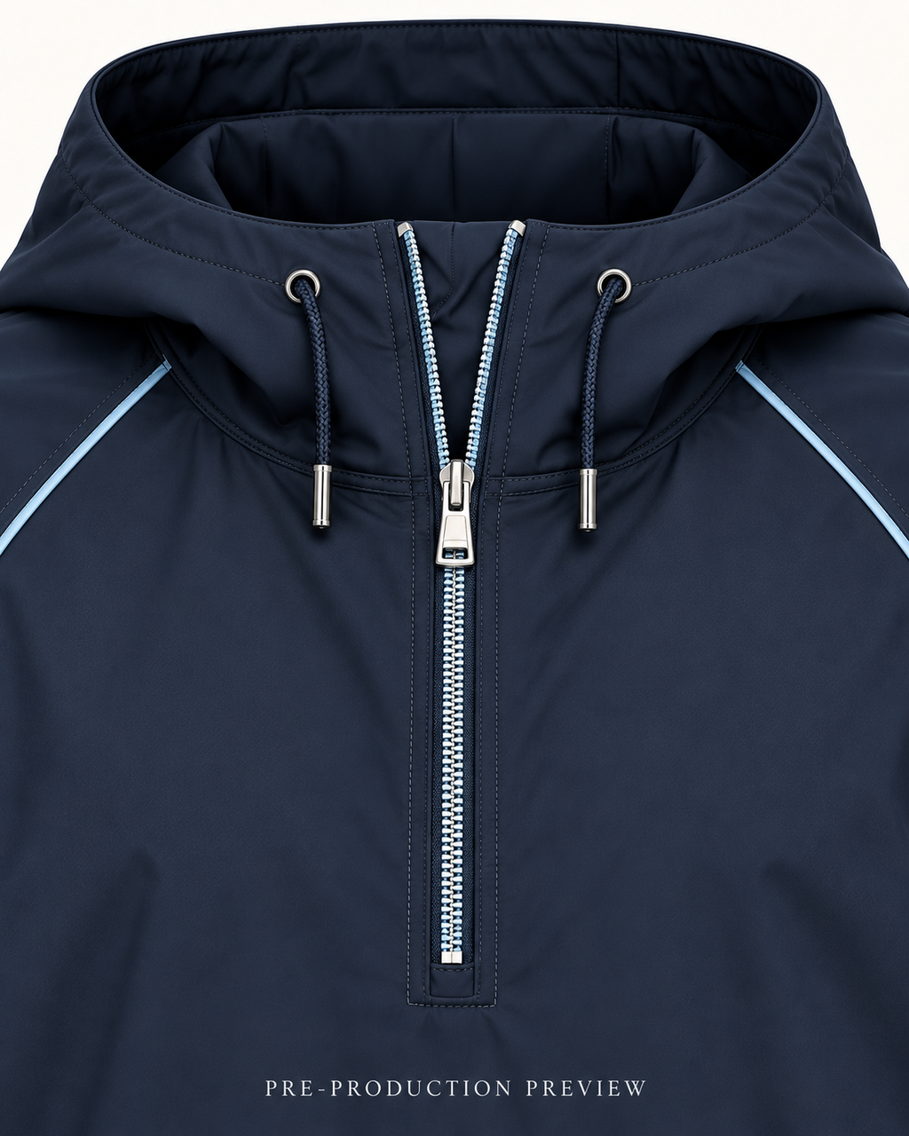 Generated pre-production artwork detail preview of Navy hooded wind layer.
