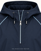 Generated pre-production artwork detail preview of Navy hooded wind layer.