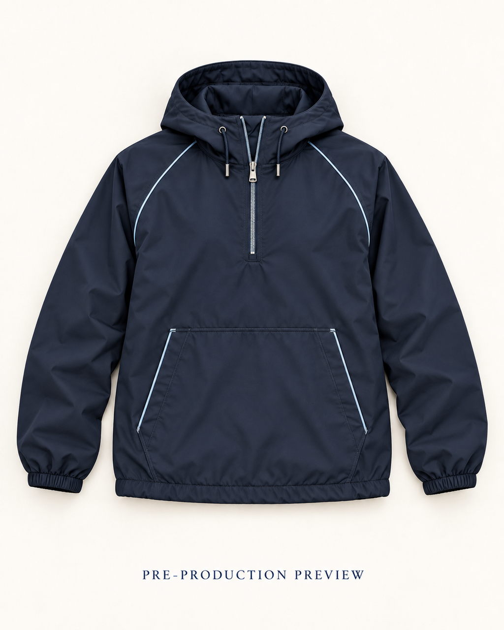 Generated pre-production flat lay preview of Navy hooded wind layer.