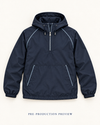 Generated pre-production flat lay preview of Navy hooded wind layer.