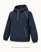Generated pre-production three quarter preview of Navy hooded wind layer.