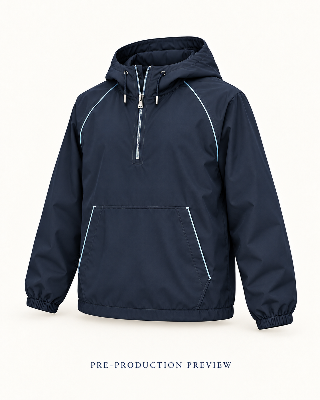 Generated pre-production three quarter preview of Navy hooded wind layer.