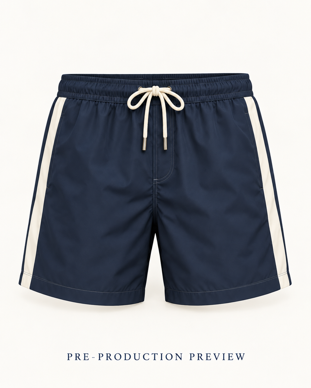 Generated pre-production front preview of Navy panel swim shorts.