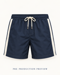 Generated pre-production front preview of Navy panel swim shorts.
