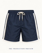 Generated pre-production front preview of Navy panel swim shorts.