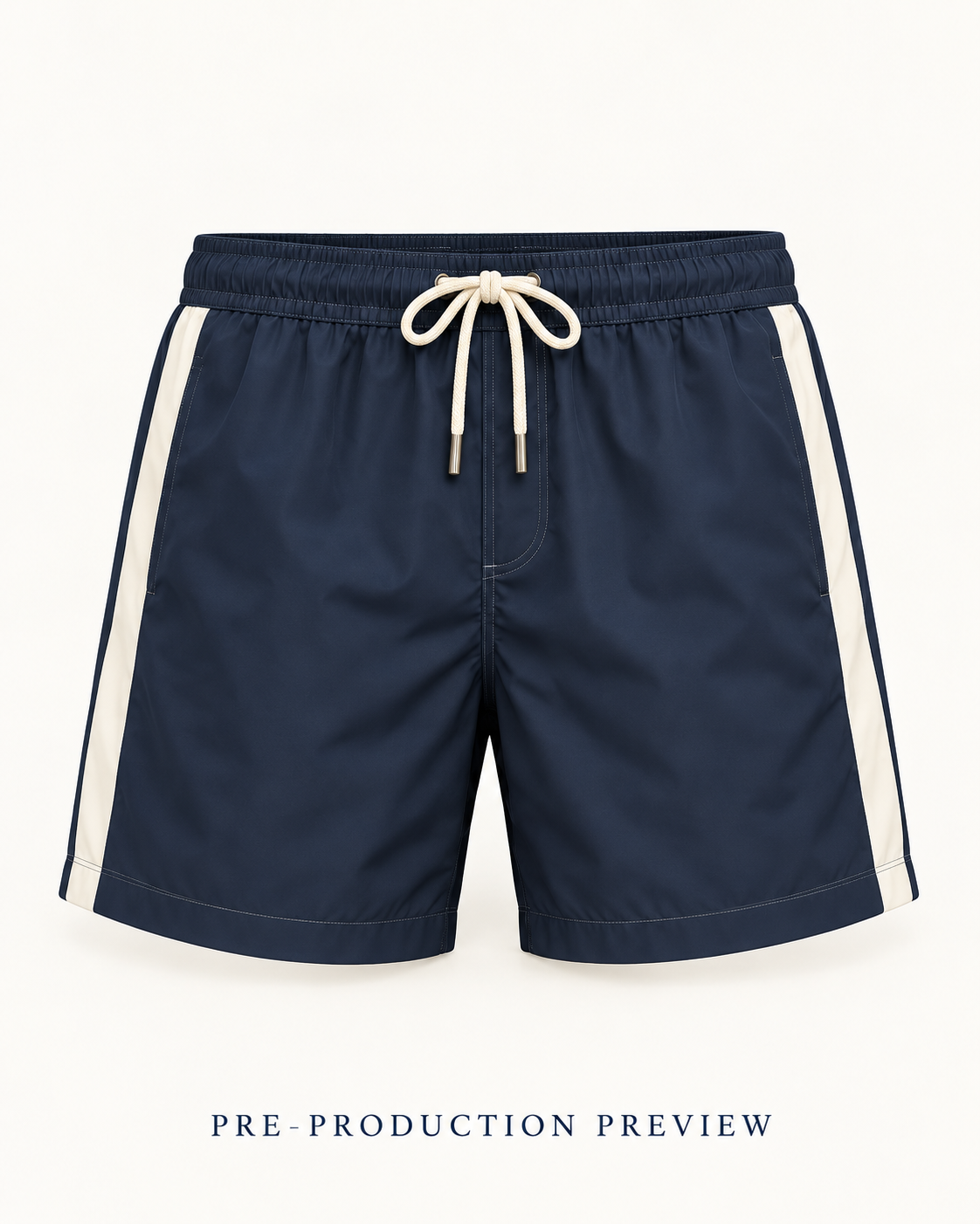 Generated pre-production front preview of Navy panel swim shorts.