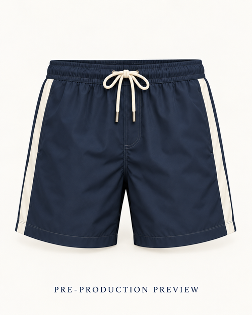 Generated pre-production front preview of Navy panel swim shorts.