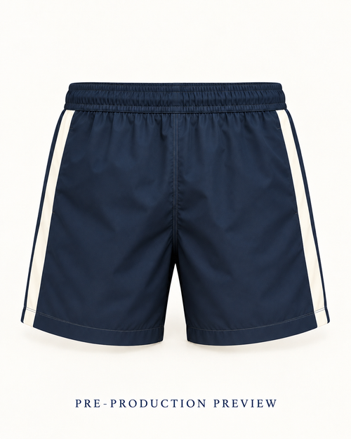 Generated pre-production back preview of Navy panel swim shorts.