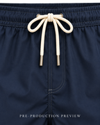 Generated pre-production artwork detail preview of Navy panel swim shorts.