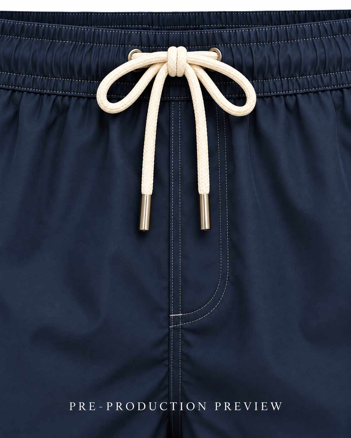 Generated pre-production artwork detail preview of Navy panel swim shorts.