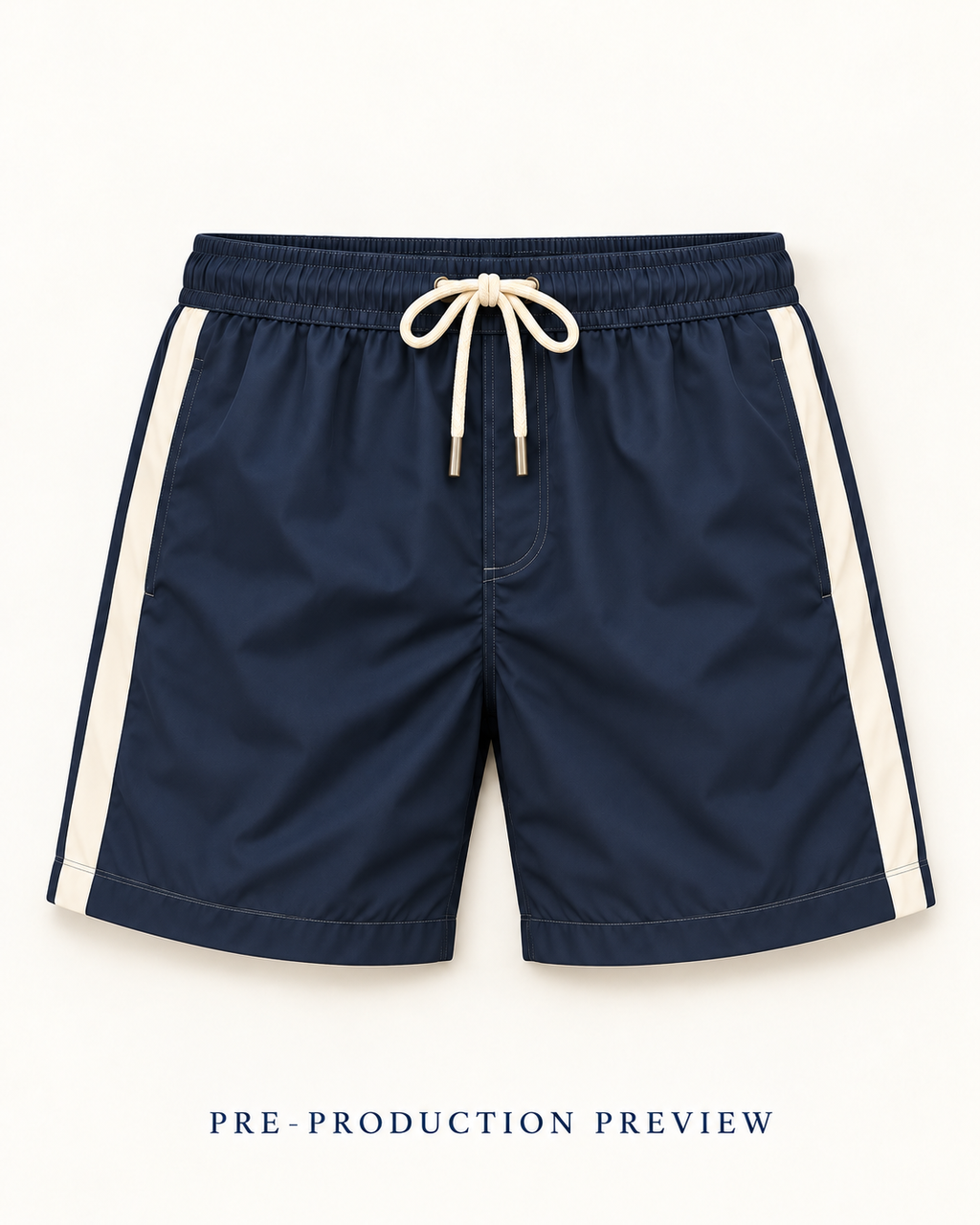 Generated pre-production flat lay preview of Navy panel swim shorts.