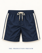 Generated pre-production flat lay preview of Navy panel swim shorts.