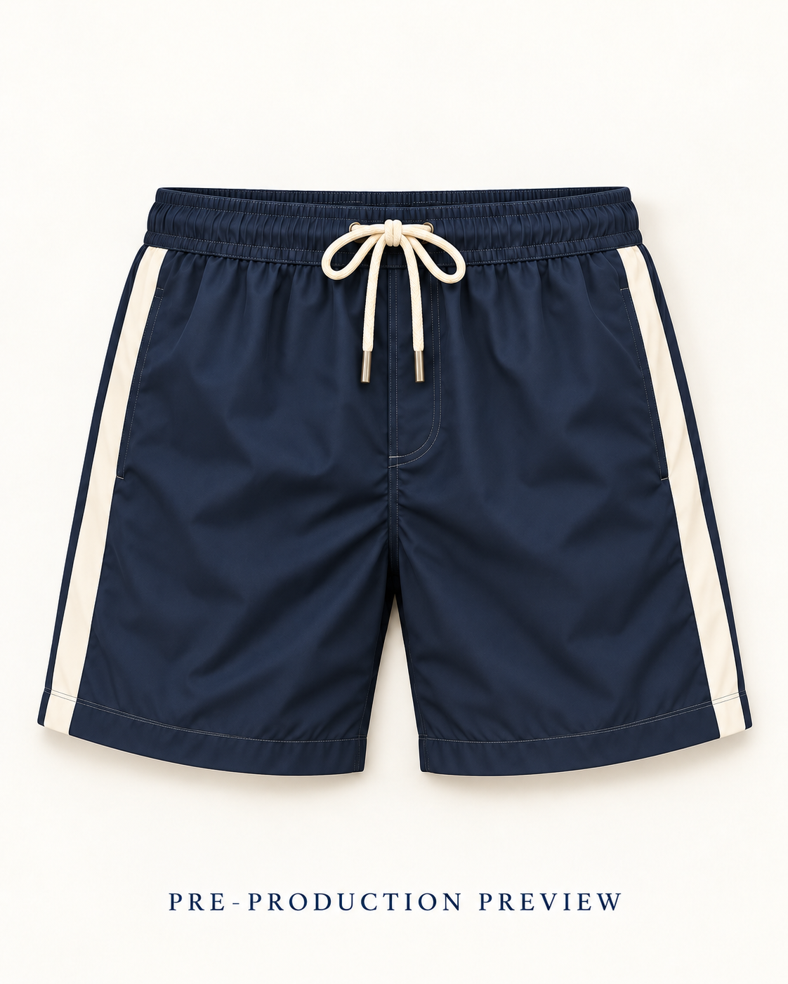 Generated pre-production flat lay preview of Navy panel swim shorts.