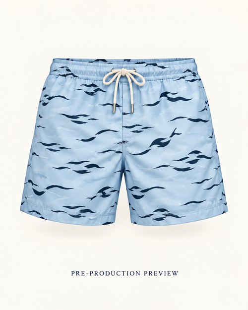Generated pre-production front preview of Blue ripple swim shorts.