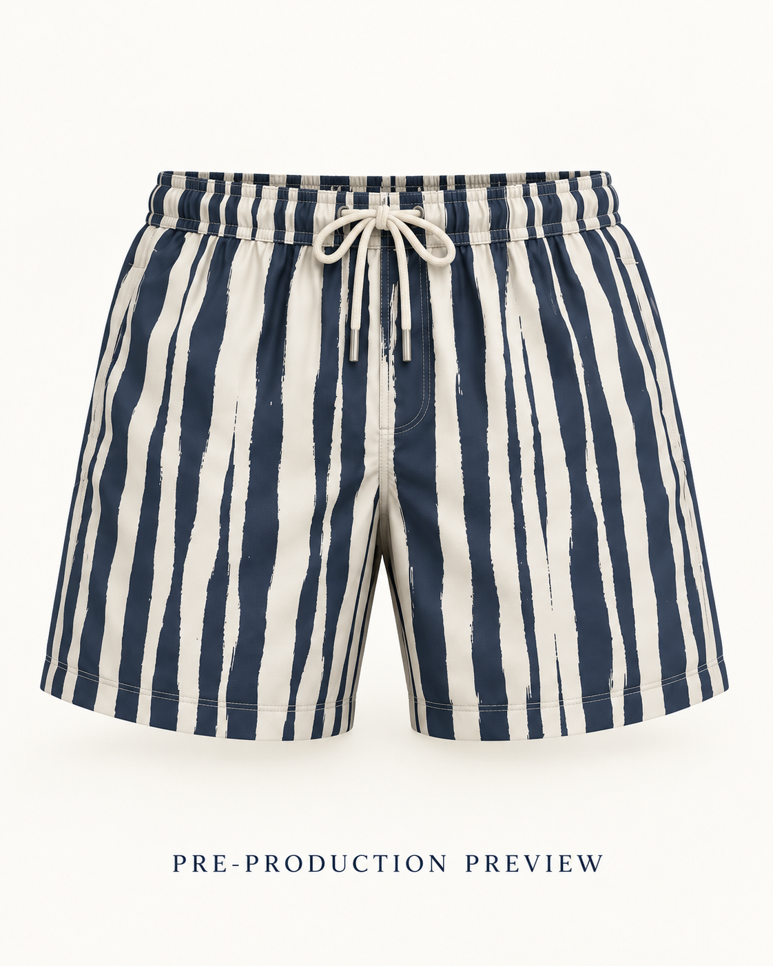 Generated pre-production front preview of Broken stripe swim shorts.